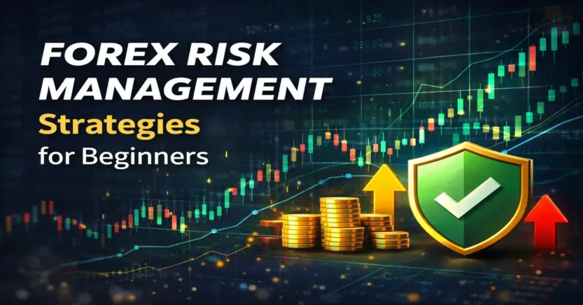 Forex risk management strategies for beginners showing trading chart and protection shield