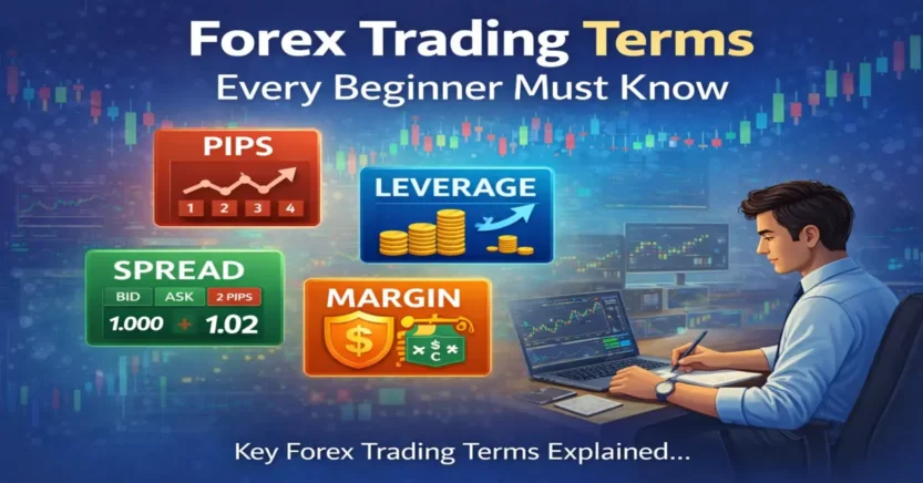 Forex trading terms illustration showing pips leverage spread and margin for beginners