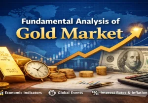 Fundamental analysis of gold market showing gold bars, charts, and global economic indicators