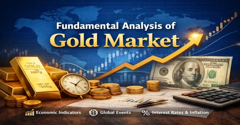 Fundamental analysis of gold market showing gold bars, charts, and global economic indicators