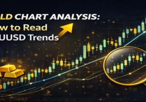 Gold chart analysis showing XAUUSD trends with candlestick chart and upward movement