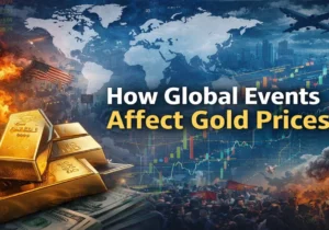 How global events affect gold prices showing gold bars, financial chart, and global crisis elements