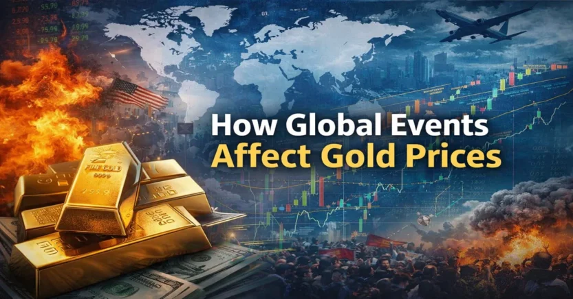 How global events affect gold prices showing gold bars, financial chart, and global crisis elements