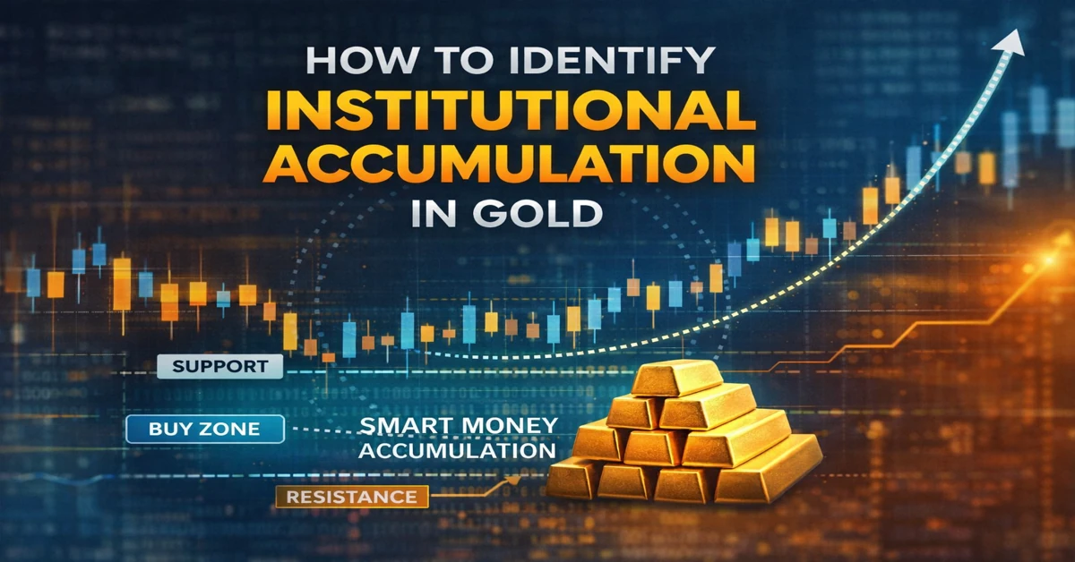 How to identify institutional accumulation in gold showing smart money buy zones and breakout from consolidation