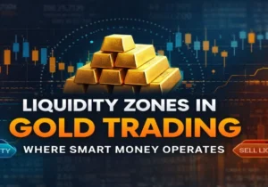 Liquidity zones in gold trading showing smart money buy and sell areas on a candlestick chart