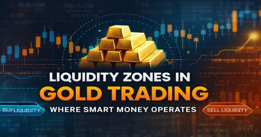 Liquidity zones in gold trading showing smart money buy and sell areas on a candlestick chart