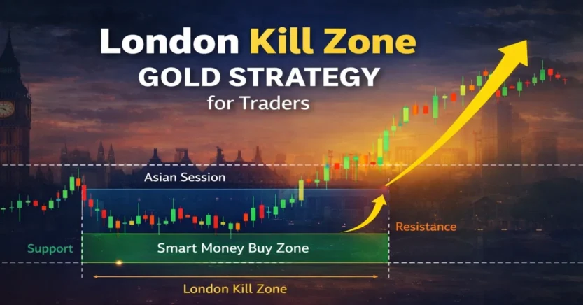 London Kill Zone gold strategy showing Asian session range, smart money buy zone, and breakout in gold trading