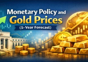 Illustration showing the relationship between monetary policy decisions and gold price trends over a 5-year forecast