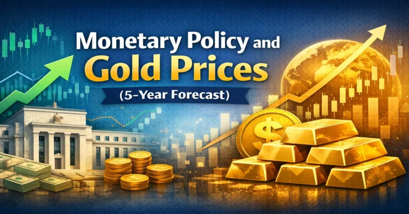 Illustration showing the relationship between monetary policy decisions and gold price trends over a 5-year forecast