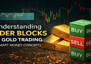 Order blocks in gold trading showing smart money buy and sell zones with gold bars and candlestick chart