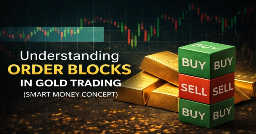 Order blocks in gold trading showing smart money buy and sell zones with gold bars and candlestick chart