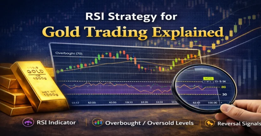 RSI strategy for gold trading explained showing RSI indicator overbought oversold levels on XAUUSD chart