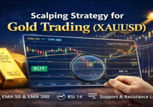 Scalping strategy for gold trading XAUUSD showing EMA RSI indicators and chart setup