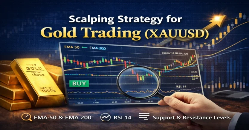 Scalping strategy for gold trading XAUUSD showing EMA RSI indicators and chart setup