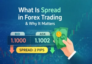 Illustration explaining spread in forex trading showing bid price 1.1000, ask price 1.1002, and a 2-pip spread with a hand holding money and forex chart background.