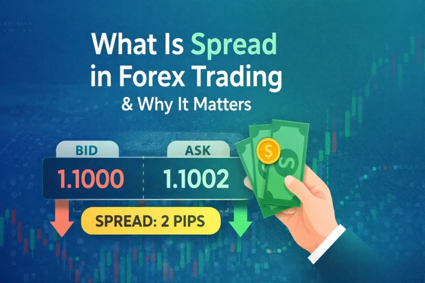 Illustration explaining spread in forex trading showing bid price 1.1000, ask price 1.1002, and a 2-pip spread with a hand holding money and forex chart background.