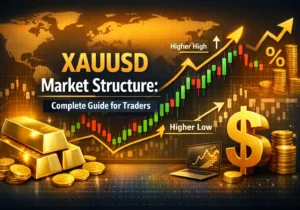 Featured image showing XAUUSD market structure with gold bars, candlestick chart, and trading symbols