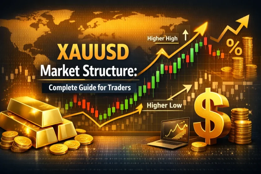Featured image showing XAUUSD market structure with gold bars, candlestick chart, and trading symbols