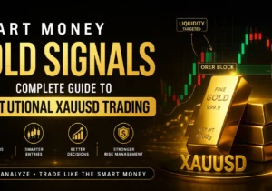 Smart money gold signals institutional XAUUSD trading strategy with gold bars and market structure chart