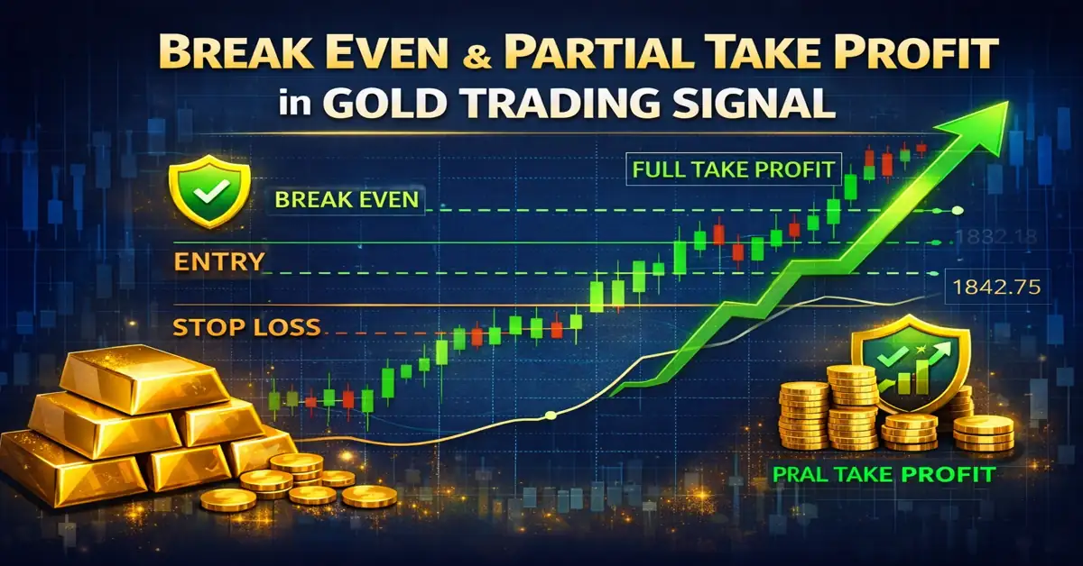 Break even and partial take profit strategy in gold trading signal with entry, stop loss and profit levels