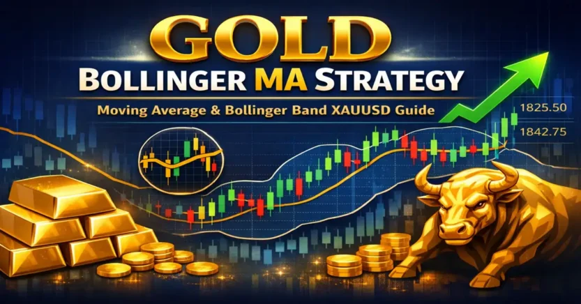 Gold Bollinger MA Strategy chart showing moving average and Bollinger Bands on XAUUSD trading setup