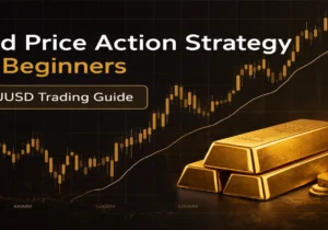 Gold price action strategy for beginners XAUUSD trading guide with gold bars and candlestick chart