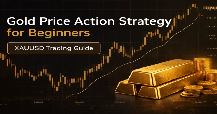 Gold price action strategy for beginners XAUUSD trading guide with gold bars and candlestick chart