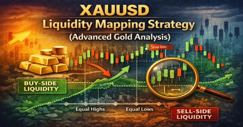 XAUUSD liquidity mapping strategy showing buy-side and sell-side liquidity zones with gold price chart analysis
