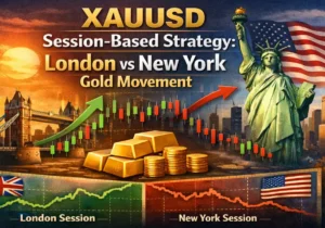 XAUUSD session-based strategy comparing London and New York gold market movement with price charts and gold bars