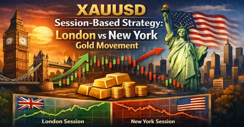 XAUUSD session-based strategy comparing London and New York gold market movement with price charts and gold bars