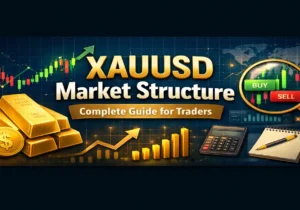 XAUUSD Market Structure complete guide for traders showing gold bars, candlestick charts, and trading analysis