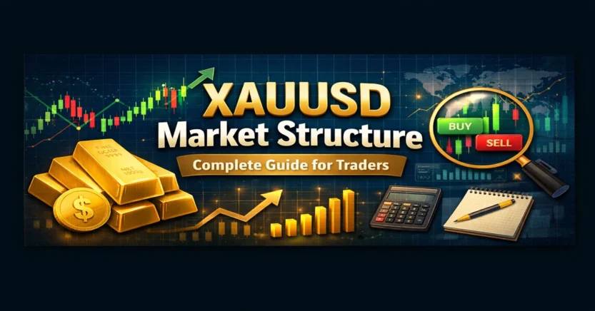 XAUUSD Market Structure complete guide for traders showing gold bars, candlestick charts, and trading analysis