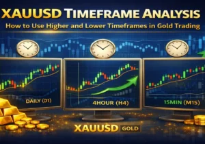 XAUUSD timeframe analysis showing higher and lower timeframe charts for gold trading strategy