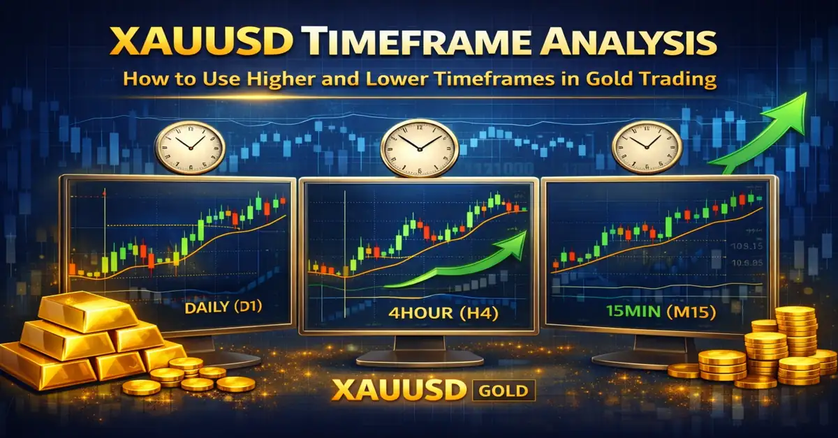 XAUUSD timeframe analysis showing higher and lower timeframe charts for gold trading strategy